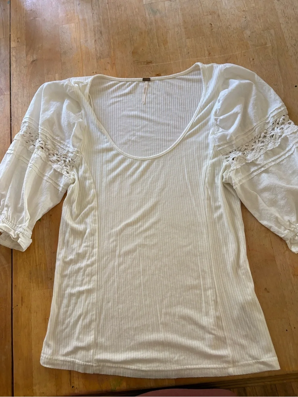 Free People White Puff Sleeve Crochet Inset Top